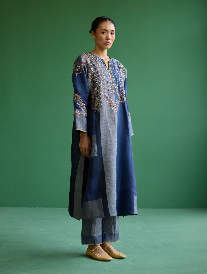 Rida Hand-Embroidered Metallic Linen Kurta - Navy