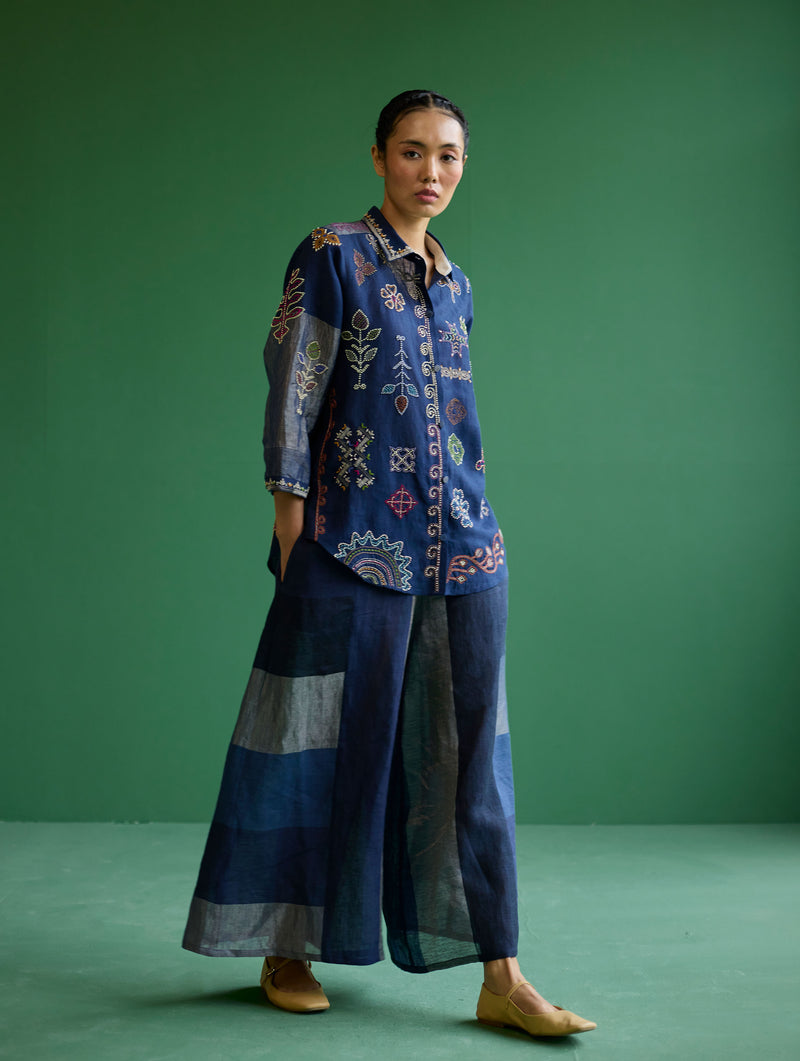 Tansa Hand-Embroidered Metallic Linen Shirt - Navy