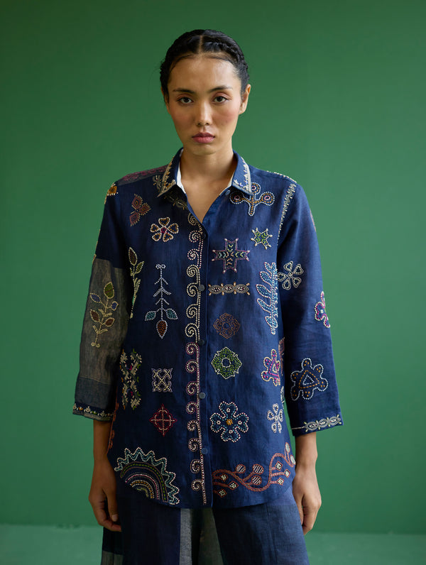 Tansa Hand-Embroidered Metallic Linen Shirt - Navy