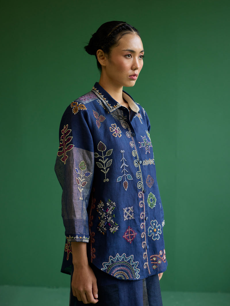 Tansa Hand-Embroidered Metallic Linen Shirt - Navy