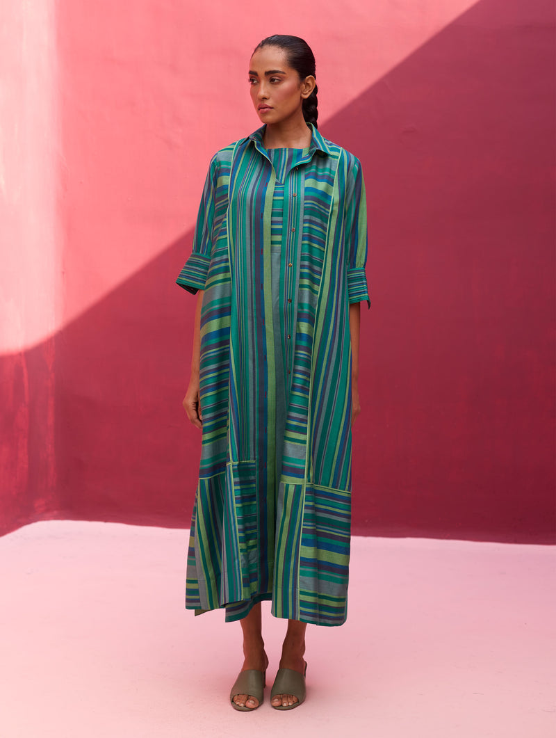 Kinza Stripe Silk Co-ord Set - Peacock