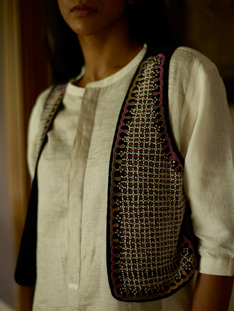 Ivory Faiza Linen Dress with Black Embroidered Jacket