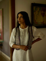 Ivory Faiza Linen Dress with Black Embroidered Jacket