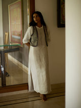 Ivory Faiza Linen Dress with Black Embroidered Jacket