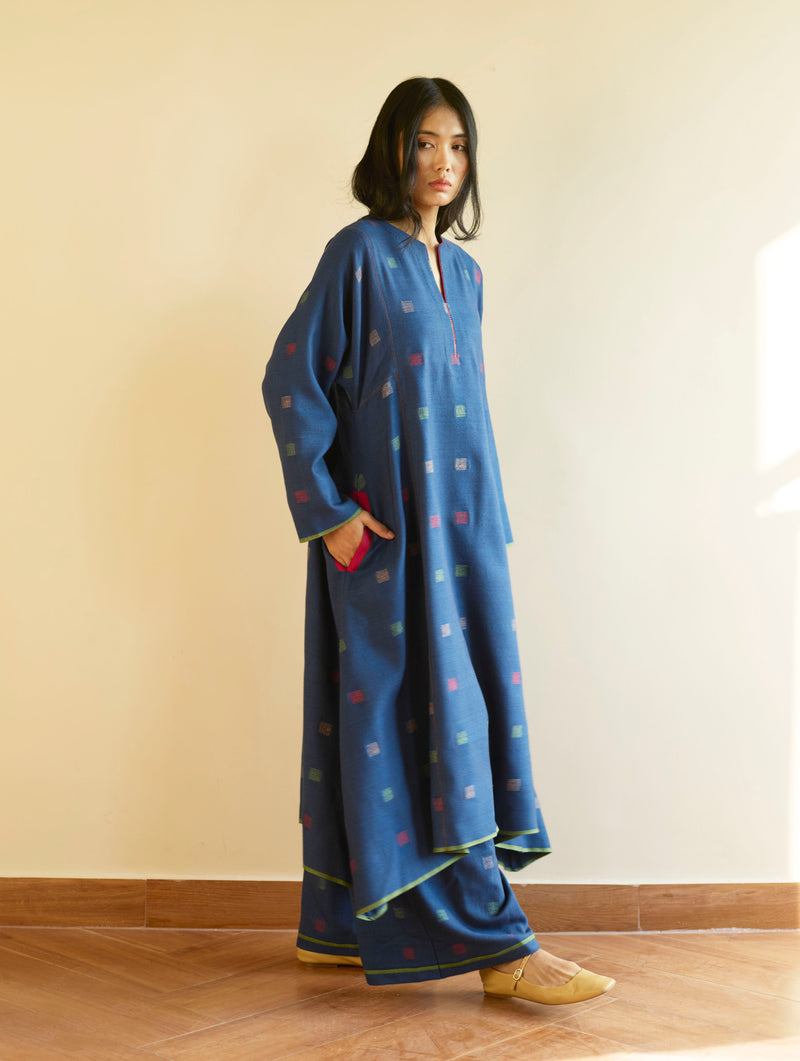 Sakina Jamdani Wool Kurta Set - Navy