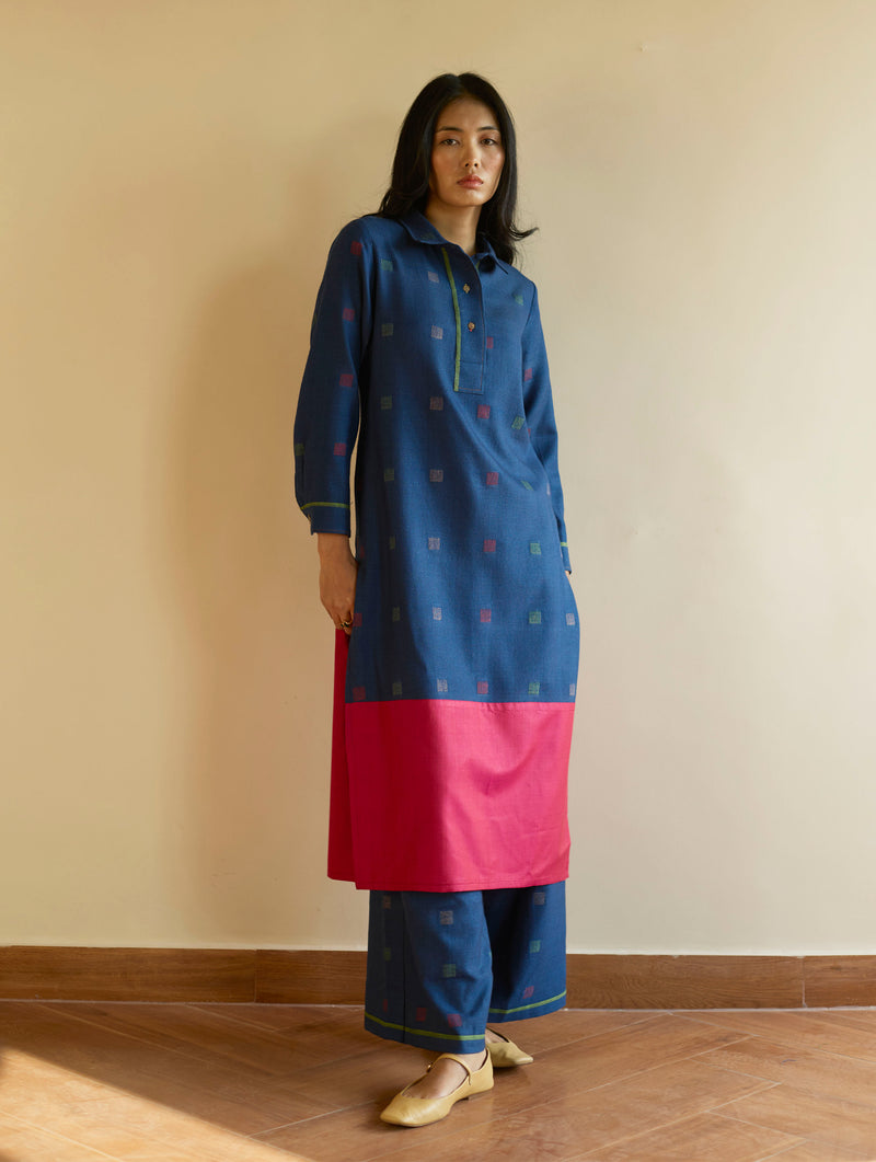 Akia Wool & Silk Kurta Set - Navy