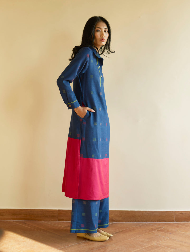 Akia Wool & Silk Kurta Set - Navy