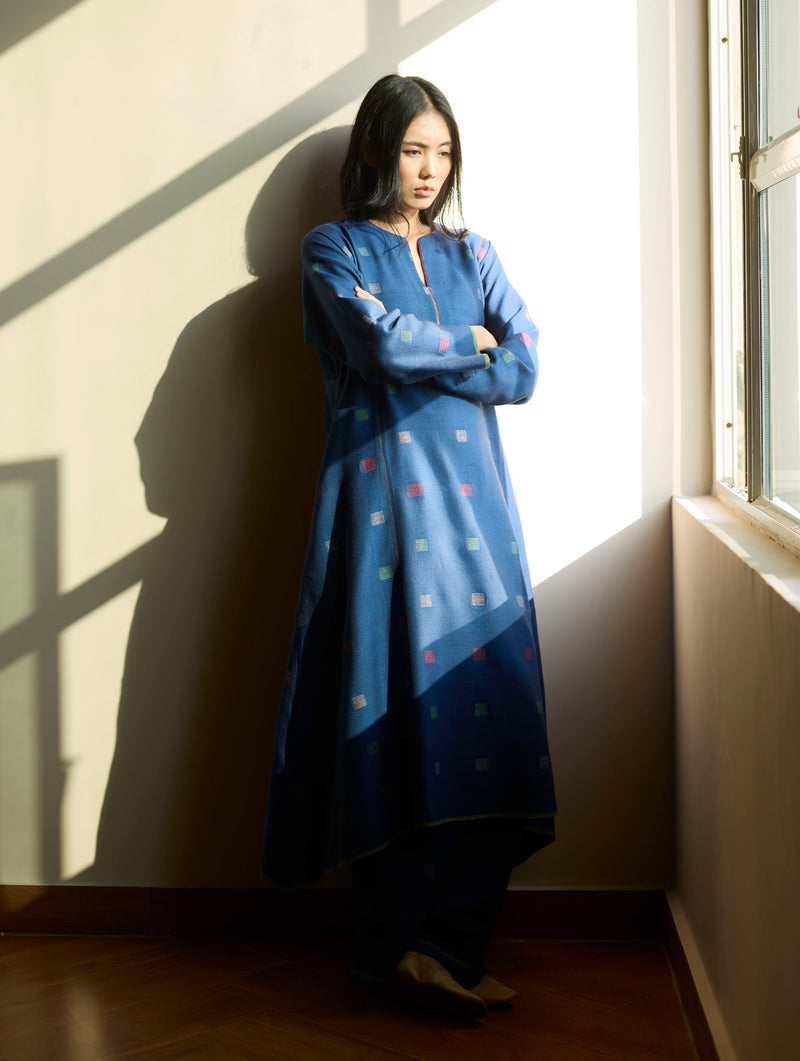 Sakina Jamdani Wool Kurta Set - Navy