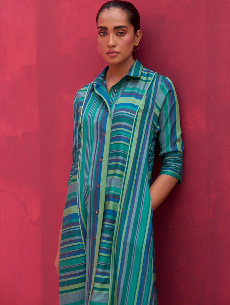 Kinza Paneled Silk Dress - Peacock