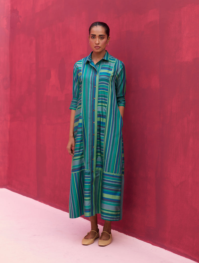 Kinza Paneled Silk Dress - Peacock