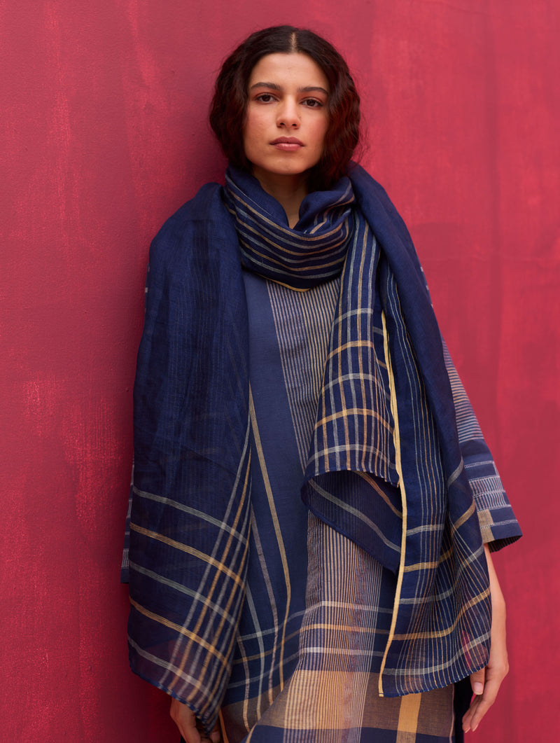 Kiza Handwoven Linen Dupatta - Navy