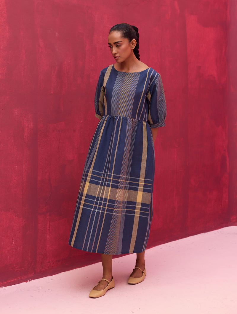 Nata Check Linen Dress - Navy