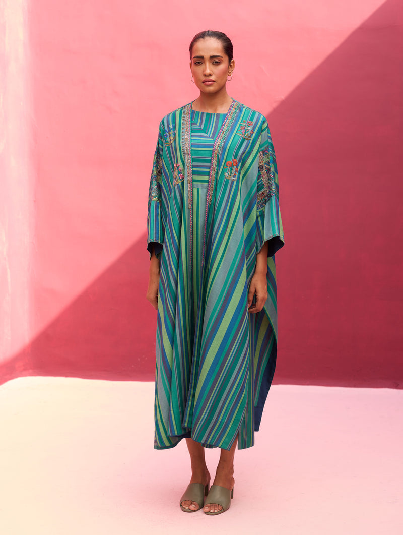 Irsa Silk Stripe Dress with Overlay - Peacock