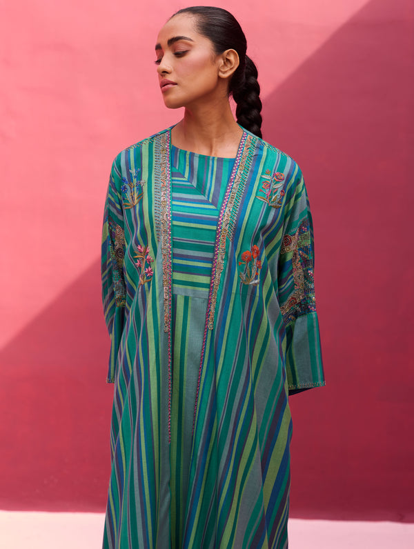 Irsa Silk Stripe Dress with Overlay - Peacock