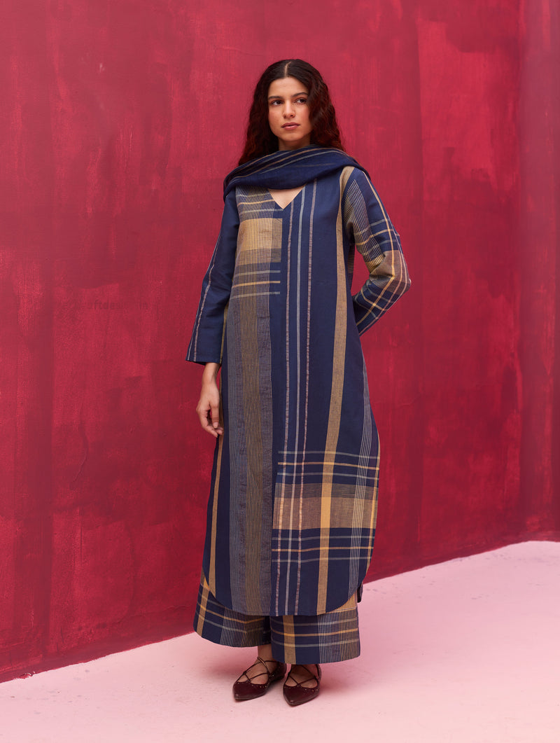 Inga Check Linen Kurta - Navy