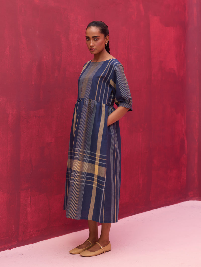 Nata Check Linen Dress - Navy