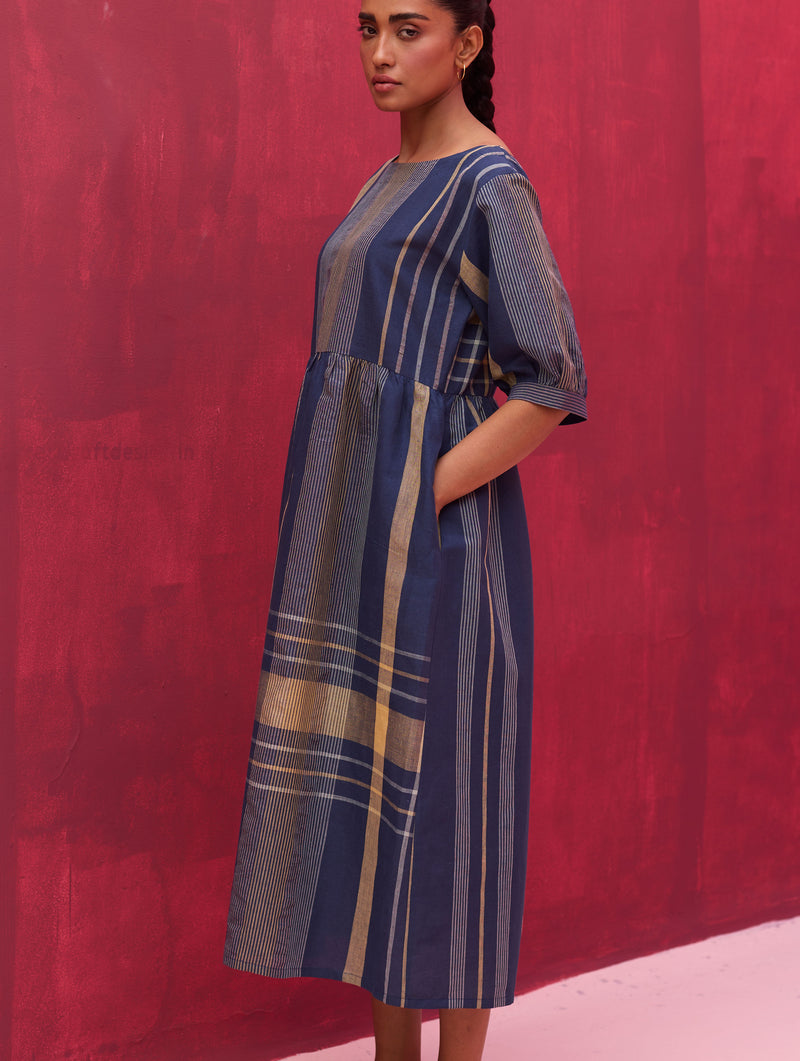 Nata Check Linen Dress - Navy