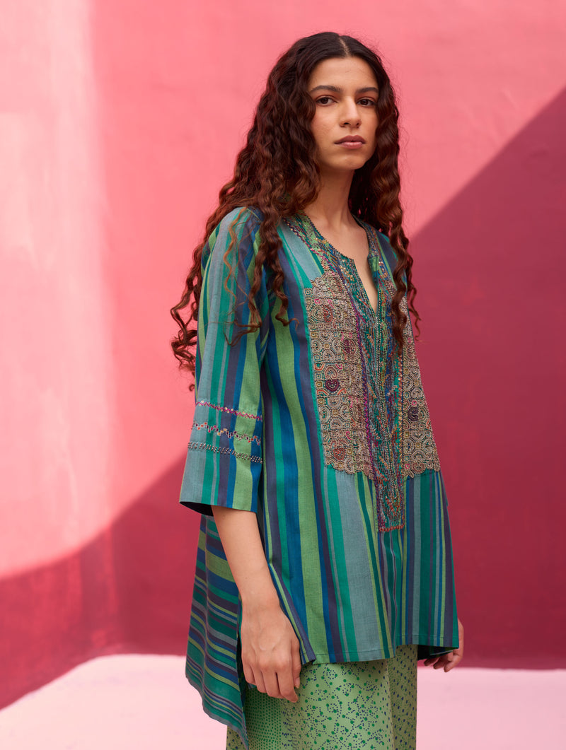 Olena Hand-Embroidered Silk Kurta - Peacock