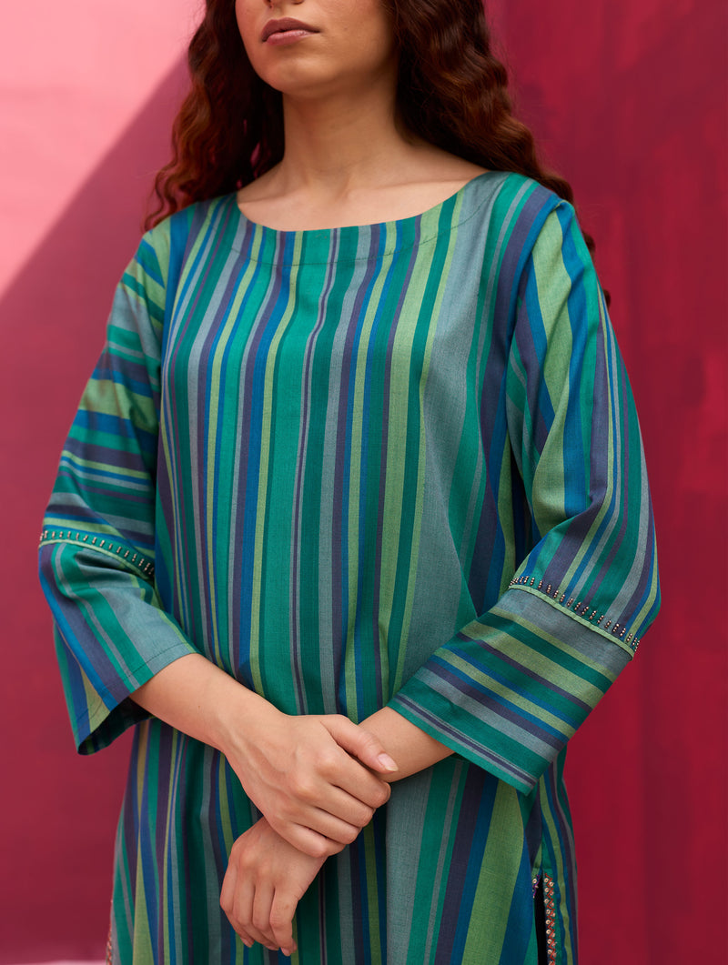 Nura Silk Stripe Kurta - Peacock