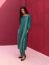 Nura Silk Stripe Kurta - Peacock