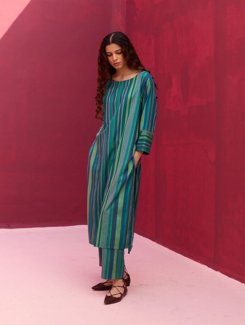 Nura Silk Stripe Kurta - Peacock