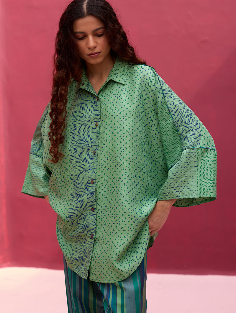 Aiza Block Printed Silk Shirt - Peacock