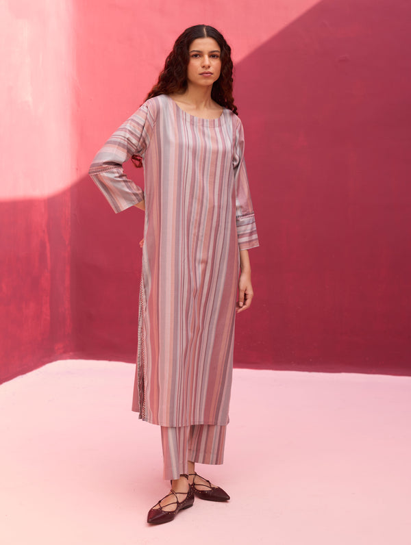 Nura Stripe Silk Kurta Set - Lavender