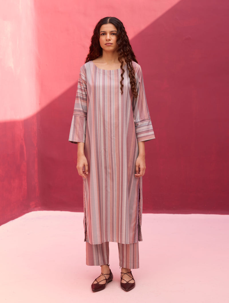 Nura Silk Stripe Kurta - Lavender