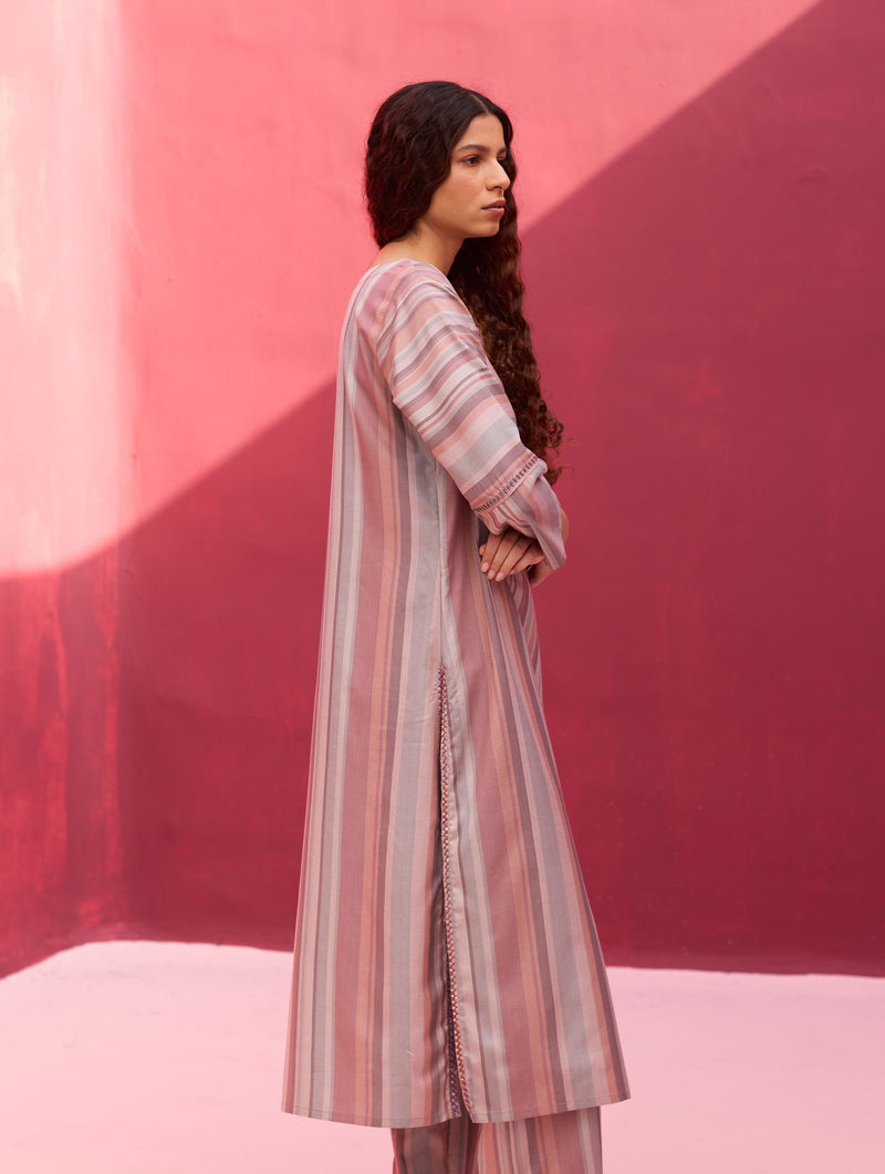 Nura Silk Stripe Kurta - Lavender