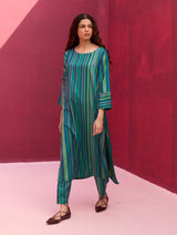 Nura Silk Stripe Kurta - Peacock