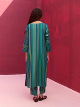 Nura Stripe Silk Kurta Set - Peacock