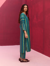 Nura Silk Stripe Kurta - Peacock