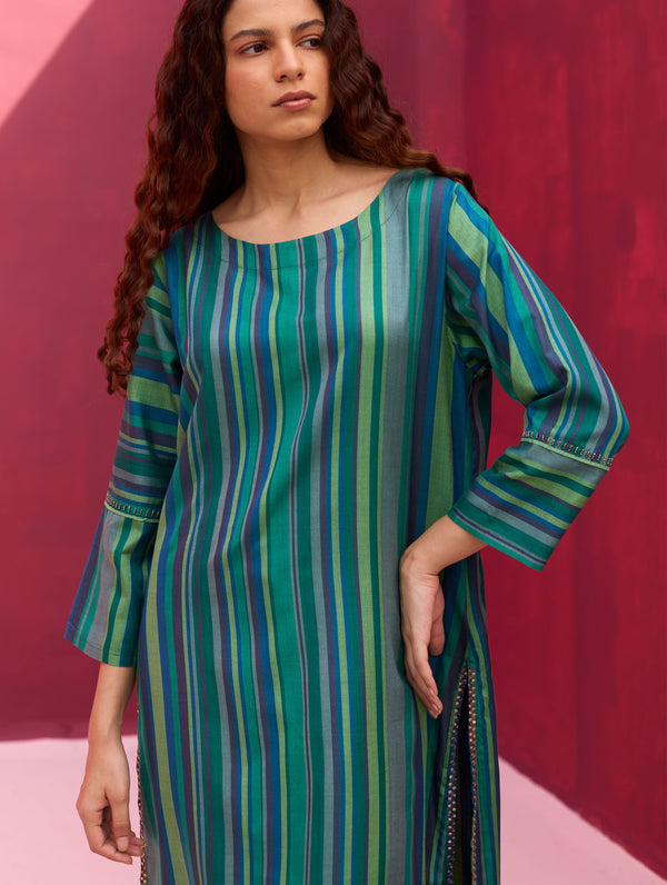 Nura Silk Stripe Kurta - Peacock