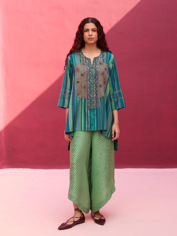 Olena Hand-Embroidered Silk Kurta - Peacock