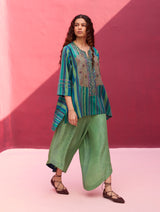 Olena Hand-Embroidered Silk Kurta - Peacock