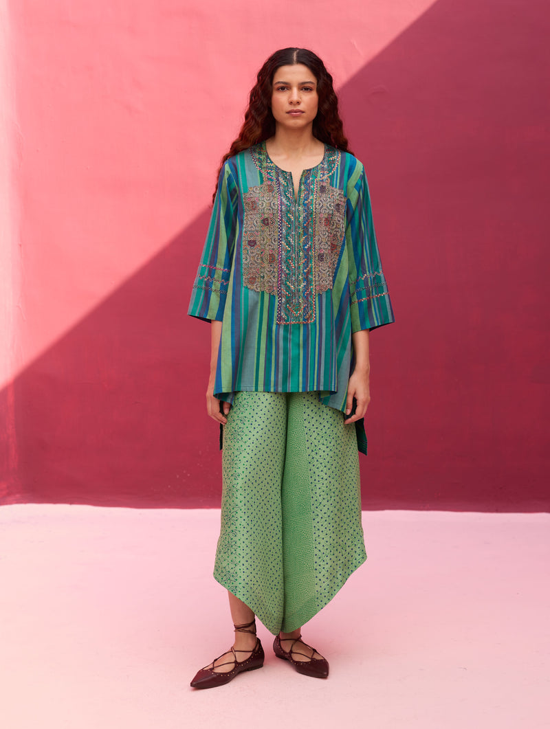 Zahira Block Printed Silk Pants - Peacock