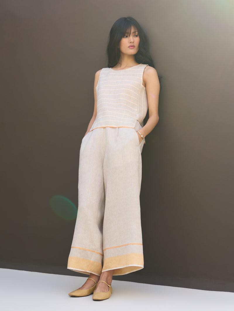 Mara Border Linen Pant - Natural