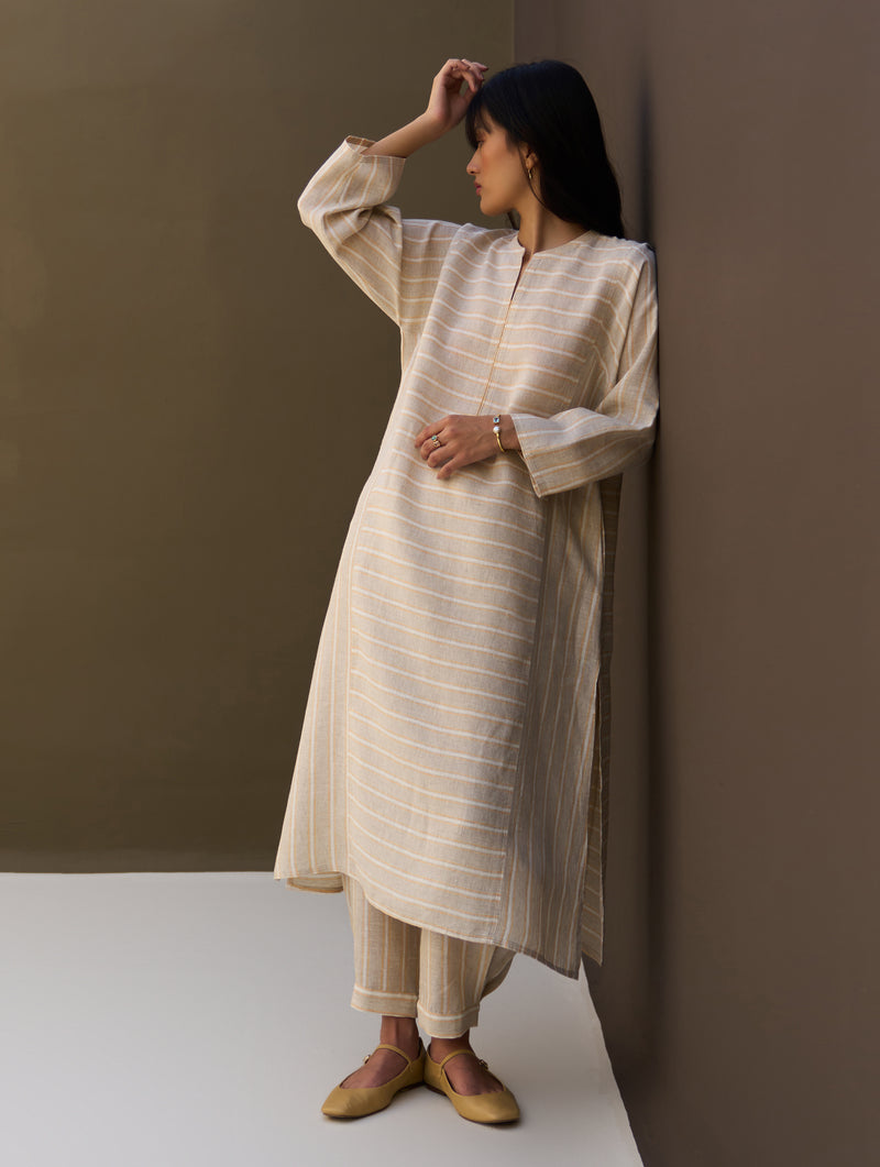 Ezra Striped Linen Kurta - Natural