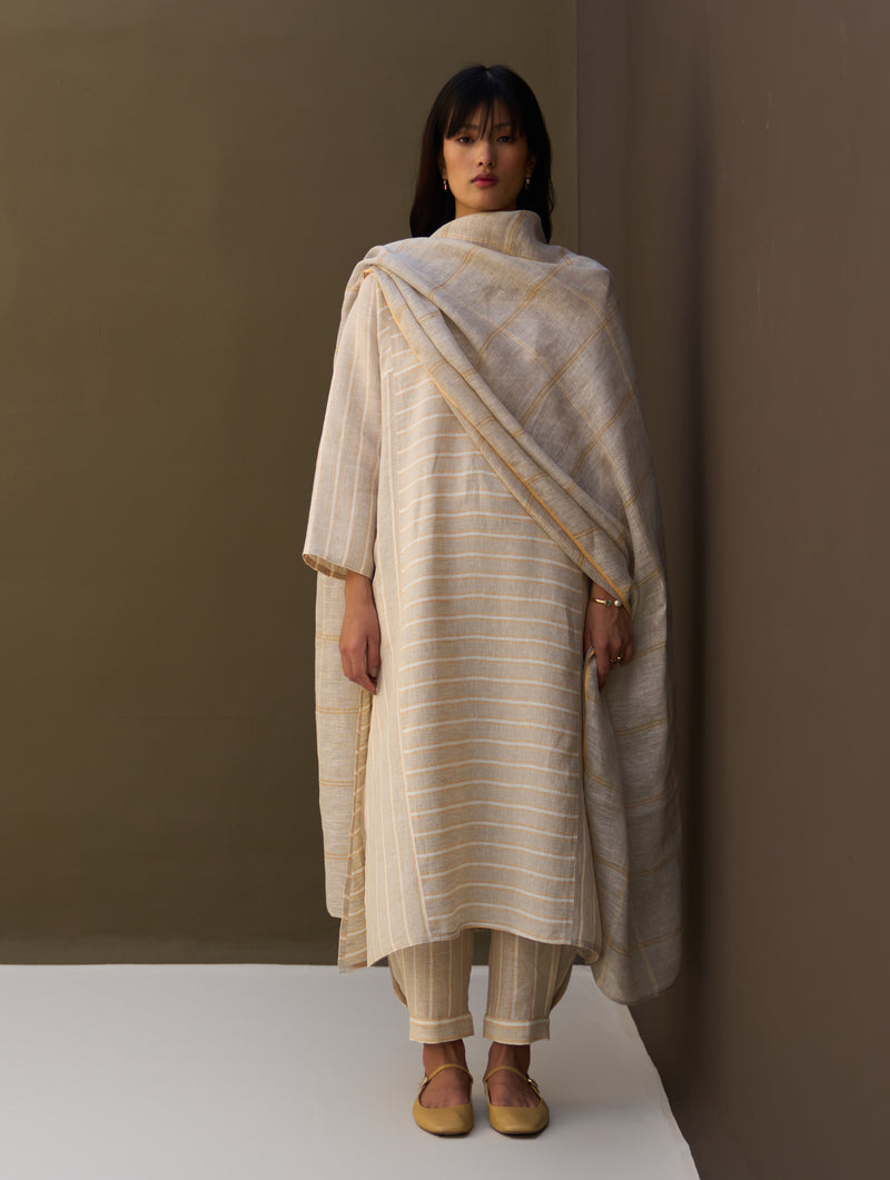 Ezra Striped Linen Kurta Set - Natural