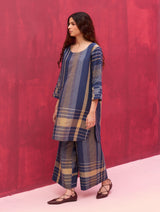 Rina Check Linen Kurta Set - Navy