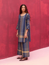 Rina Check Linen Kurta - Navy