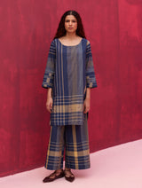 Rina Check Linen Kurta - Navy