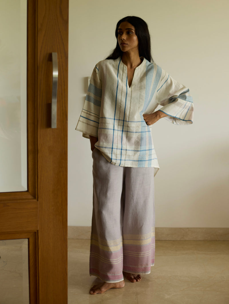 Kira Ivory Check Top With Ash Grey Linen Pant