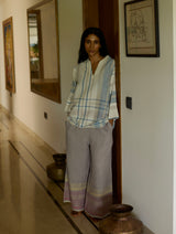 Kira Ivory Check Top With Ash Grey Linen Pant