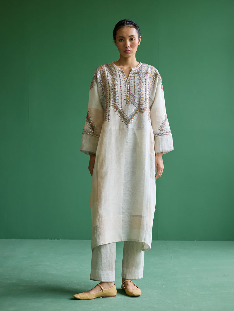 Rida Hand-Embroidered Metallic Linen Kurta - Ivory