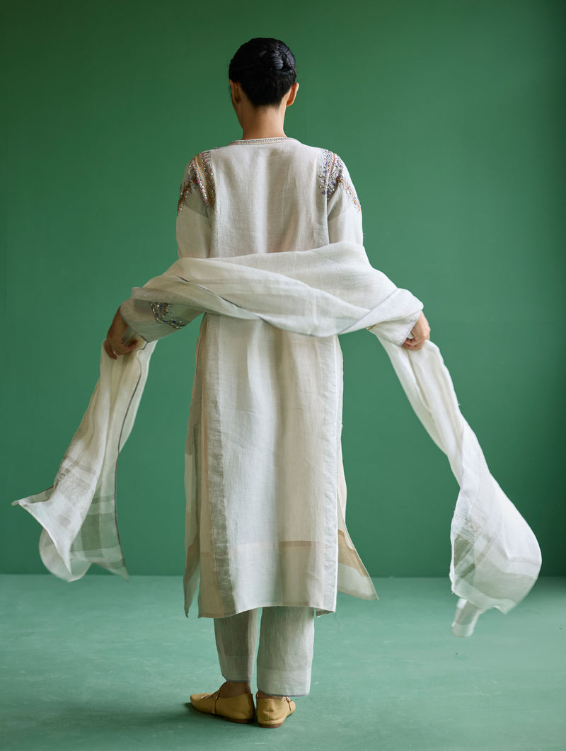 Rida Hand-Embroidered Metallic Linen Kurta - Ivory