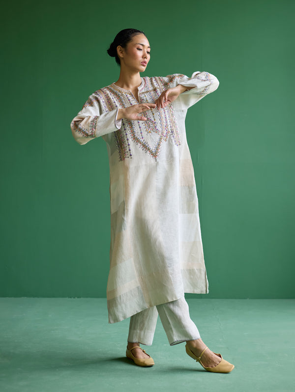 Rida Hand-Embroidered Metallic Linen Kurta - Ivory