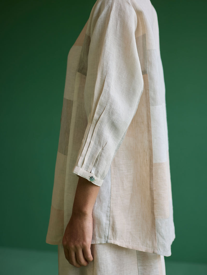 Izara Stripe Patchwork Linen Shirt - Ivory