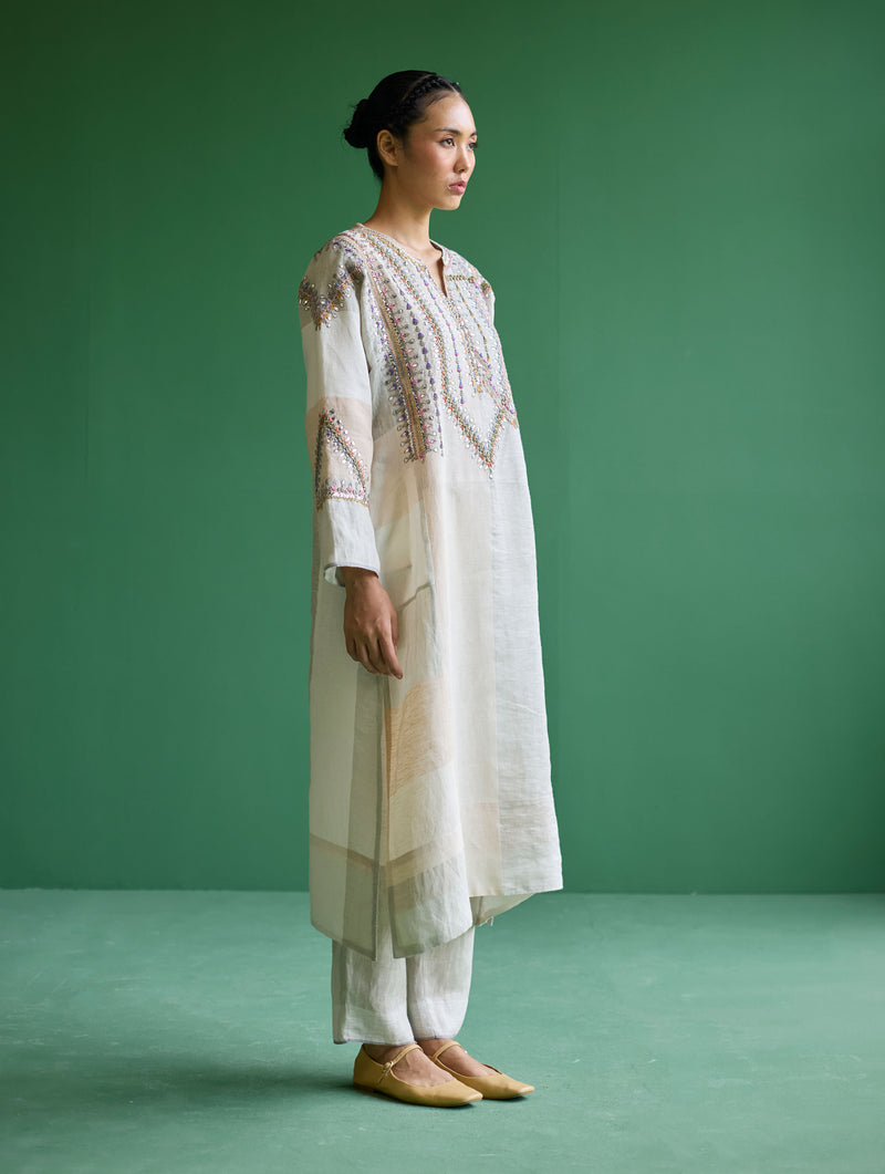 Rida Hand-Embroidered Metallic Linen Kurta - Ivory