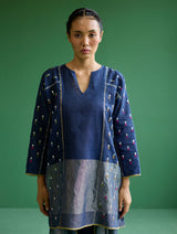 Ennya Hand-Embroidered Metallic Linen Kurta - Navy